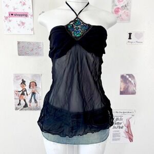 Rare Weather Vane Y2K Black Sheer Beaded Halter Top Indie Sleaze